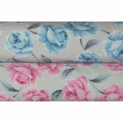 Sommersweat French Terry mit Rosen blau und rosa Hilco 50 cm x 145 cm