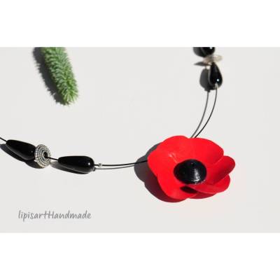 Feine Kette – Mohnblume Papier Glastropfen schwarz