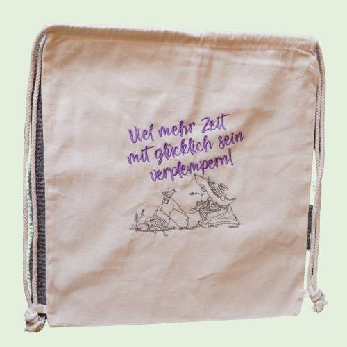 Sommer- Baumwoll-Rucksack mit einementspannten Spruch bestickt, Baumwolle, Größe ca.38 x 40 cm