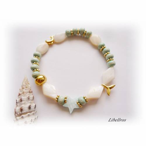 Elastisches Armband - Flosse,Delfin,Delphin,Stern,Perlmutt,Holz,maritim,edel,verführerisch,türkis,creme