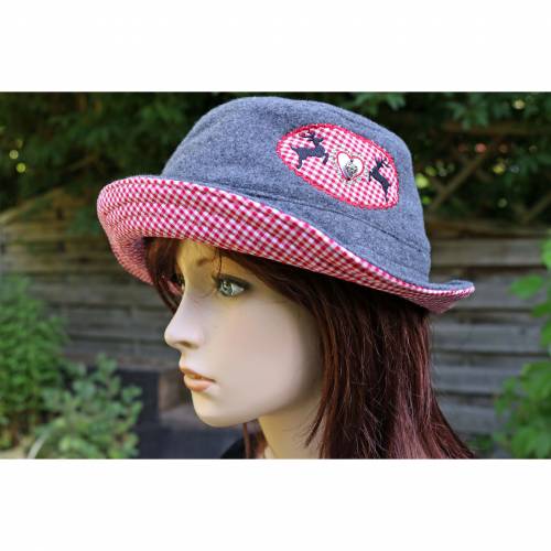 bestickter Hut zum Oktoberfest aus Wolle / Baumwolle, Wendehut, Bucket Hat oder Fischerhut im Trachten Stil, UNIKAT Gr L