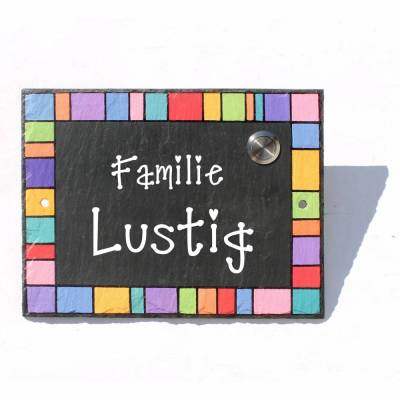 Klingel Schiefer – Handbemalte Schiefertafel mit Klingeltaster & Namensschild für die Haustür