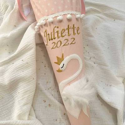 Schultüte Schwan, Schultüte Stoff,  rosa Stoff-Schultüte, Schultüte Mädchen mit goldenem Namen