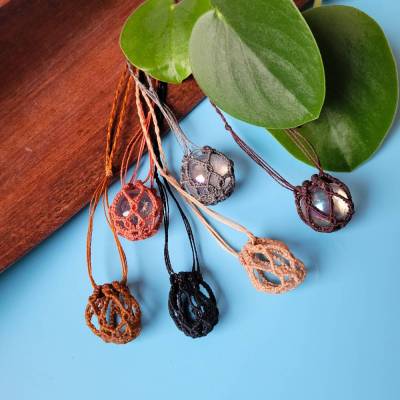 Makramee-Halskette mit Wechsel-Netz/ Steinhalter für Edelstein-Kugeln in deiner Wunschfarbe