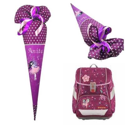 Schultüte Fee, Schultüte Stoff, lila Stoff-Schultüte, Schultüte Mädchen, Zuckertüte bestickt
