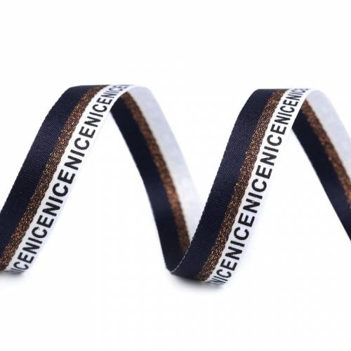 Webband, 16 mm Borte, blau kupfer weiß gestreift, Aufschrift "nice",  Meterware