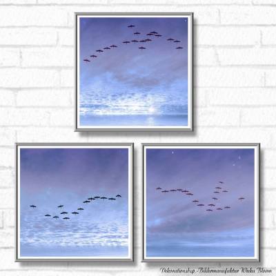 FLUG DER KRANICHE Maritimes 3er Set auf Holz Leinwand Kunstdruck Wanddeko Landhausstil Vintage Style Retro online kaufen