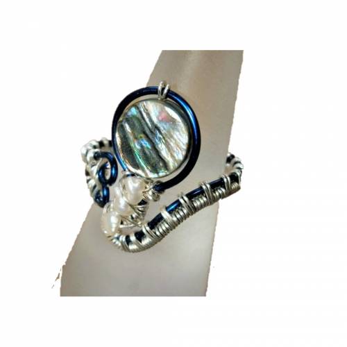Abalone Spiralring Seeopal Regenbogen verstellbar Ring mit Keshi und Opal der Meere silberfarben 