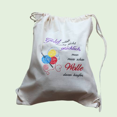 leichter Baumwoll-Rucksack mit einem kreativen Spruch für all Woll-Liebhaber, Baumwolle, Größe ca.38 x 45 cm