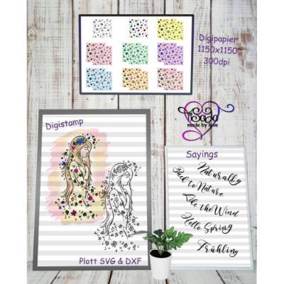 TiSaJa - Set Plotterdatei und Digistamp "Back to Nature" SVG DXF PNG Digipapier Sayings Sprüche Frühling
