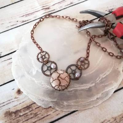 Steampunk Lebensbaum Collier Kette aus Zahnrädern & Facetten Perlen/ Steampunk Schmuck/ Handgemachter Unikatschmuck