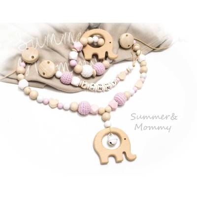 Kinderwagenkette Wagenkette einzeln oder als Spar Set rosa natur Holz Elefant Greifling Schnullerkette