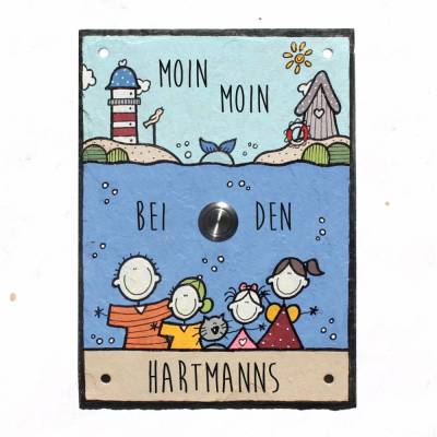 Klingelschild Namensschild Schiefer Familie maritim – Handbemalt & Wetterfest mit Klingeltaster