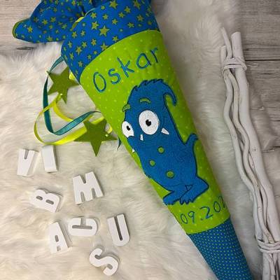 Schultüte, Zuckertüte, Schulstart, Monster, Stoff, Fell, genäht, mit Namen, personalisierbar, Einschulung, Kinder