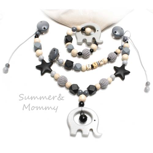 Kinderwagenkette Wagenkette einzeln oder als Spar Set grau schwarz natur Holz Elefant Greifling Schnullerkette