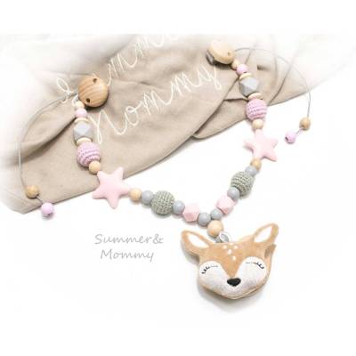 Kinderwagenkette Reh Silikon Holz mit Namen Name Silikonsterne Wagenkette Mädchen