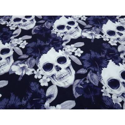Baumwoll Jersey Skulls Blumen Totenköpfe marine blau grau weiß,Meterware nähen Skulls-Jersey Stoffe MützenSchalGeschenke