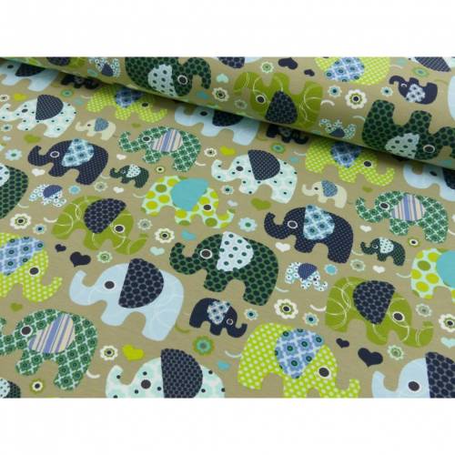Jersey Stoff Stretchjersey Kinderstoff Elefanten Beige
