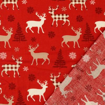 Weihnachtsstoff Baumwolle Popeline Rentier Hirsch Elch Weihnachtsbaum rot (1m/10,-€)