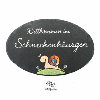 Ovales Schiefertürschild Schnecke Regenbogen – Personalisiertes, handbemaltes Willkommensschild mit Wunschtext