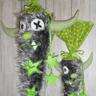 Geschwistertüte, Zuckertüte klein, Monster, Schulstart, Stoff, Fell, personalisierbar, Schultüte, Geschwister, Kissen