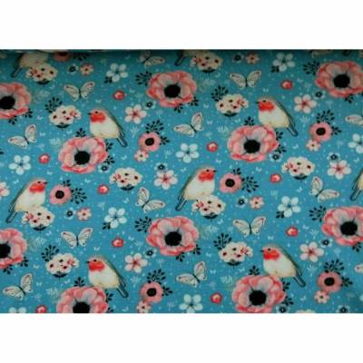  Jersey  Stoff  Stretchjersey  Rotkehlchen  Blumen  Schmetterlinge  Türkis