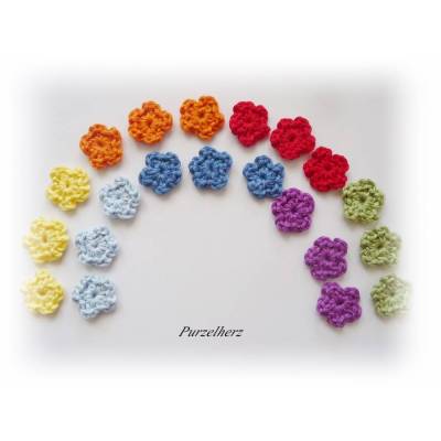 21 gehäkelte Streublümchen Regenbogenfarben - Häkelapplikation,Häkelblumen,Aufnäher,Tischdeko,S