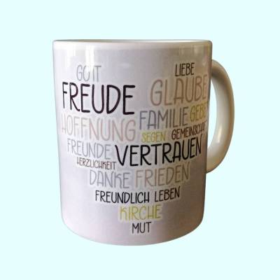 Weiße Keramik-Tasse mit Bibelspruch – Geschenk zur Konfirmation mit christlichen Motiven