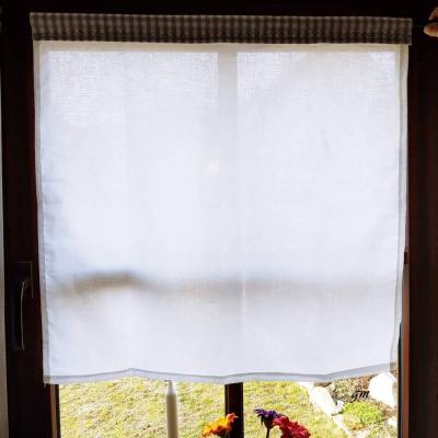 Weiße Scheibengardine Landhaus mit grauweißem Tunneldurchzug – Handgemacht Unikat