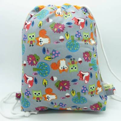 Turnbeutel mit beschichtetem Innenfutter, Kinderrucksack, Schwimmbeutel Fuchs + Eule