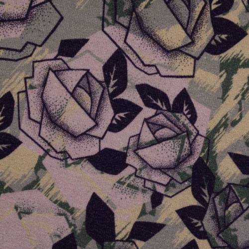 Sweat Rosen mit Camouflage Hintergrund, altrosa flieder lila, angeraut Rosie Swafing, Meterware