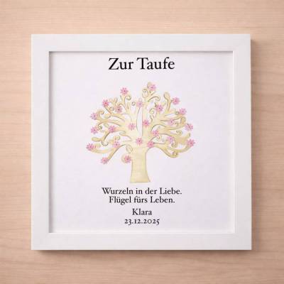 Handgemachtes Taufbild Pebbleart – Personalisiertes Steinbild mit Holz-Baum zur Taufe, Unikat, Geschenk & Dekoration, STB-30