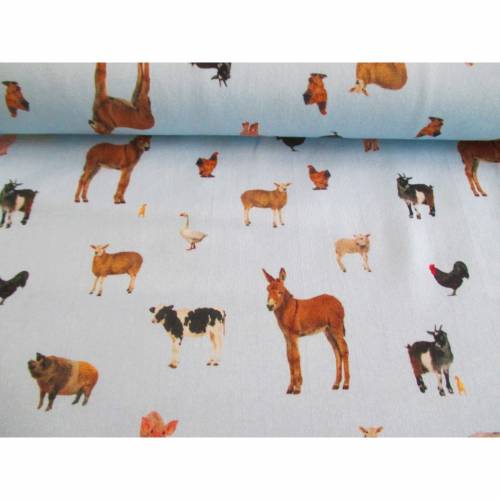 Jersey Baumwolljersey Huhn, Kuh, Ente auf Hellblau Oeko-Tex Standard 100(1m/15,-€)