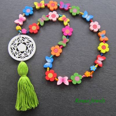 Kinderkette bunt Bettelkette Mädchen Kette Holzperlen Blumen Schmetterling mit Quaste Anhänger