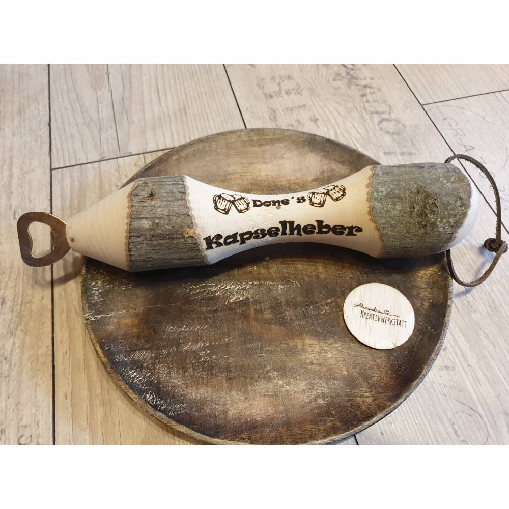 Flaschenöffner Knüppel mit Trinkspruch, Spruch, Name usw.. aus Buche. Gravur, Laser, Bier, Geschenk