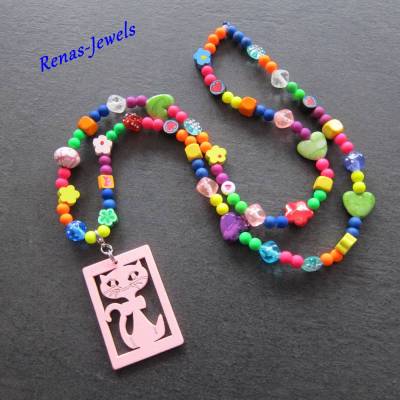 Kinderkette Bettelkette lang Perlen bunt Herz Blume Würfel mit Anhänger Katze rosa
