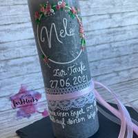 Taufkerze Rustik Mädchen Blumenkranz