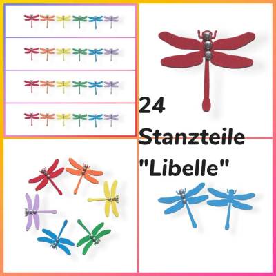 24 Stanzteile Libellen Streudeko aus Fotokarton – Regenbogenfarben für Karten, Scrapbooking & Deko