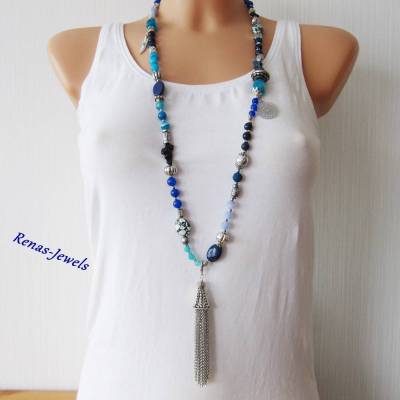 Edelsteinkette lang Bettelkette blau Lapislazuli Achat Aventurin Jade Blaufluss Türkis Edelstein Kette Quaste Anhänger