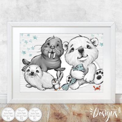 Poster Kinder [A3] Spar Sets Kinderzimmer Bilder Dekoration Drucke Tiere Arktis und Antartis