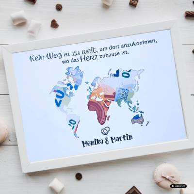 Geldgeschenk zur Hochzeit | Personalisiert | A4-Design mit Weltkarte