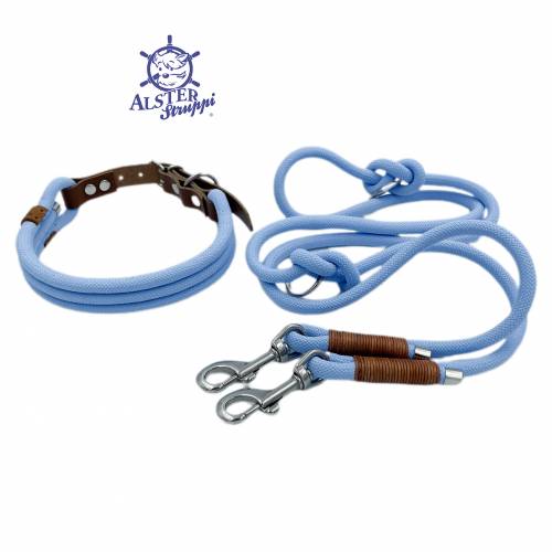 Leine Halsband Set verstellbar, hellblau, cognac, Wunschlänge