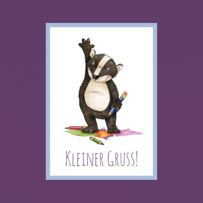 Postkarte: Kleiner Gruß, Geschenk, Freundschaft, winkender Dachs · A6 · Aquarell, Buntstift, klimaneutraler Druck