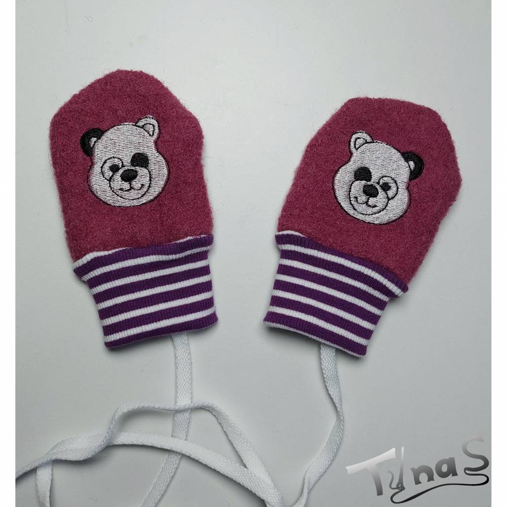 Walkfustlinge, Wollhandschuhe, Handschuhe Baby fr 4-12 Monate mit Band,  violett mit Pandastickerei