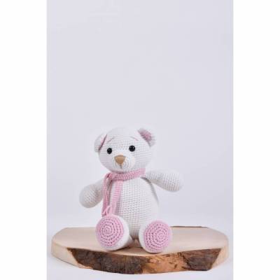 Handgefertigte gehäkelte Teddy Bär "Leonie" aus Baumwolle, weiß mit rosa Schleife, Kuscheltier, Geschenk für Kin