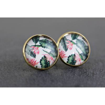 Ohrstecker mit Pflanzen und Blüten, dunkelgrün und rosa, goldfarben, Hängeohrringe, Schmuck für Frauen