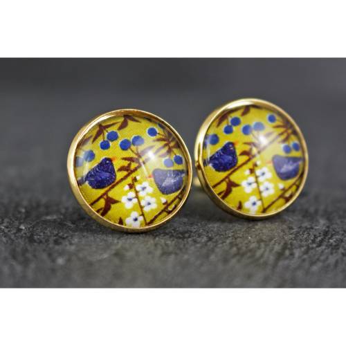 Ohrstecker mit Vögeln und Blumen, blau und gelb, goldfarben, Hängeohrringe, Schmuck für Frauen