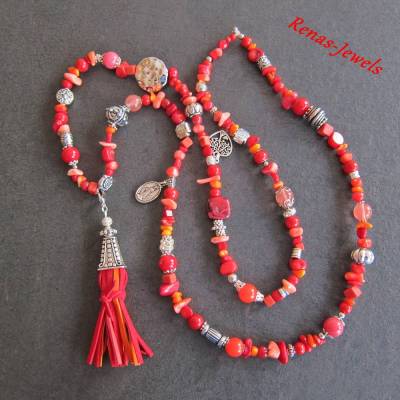 Edelsteinkette lang Boho rot orange Koralle Marmor Jade Rhodonit Quaste Anhänger Bettelkette