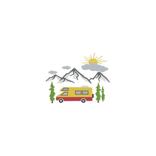 Stickdatei Camping Szene 13x18 und 16x26 Rahmen  Maschinenstickerei Campen Wohnwagen Campingplatz Urlaub