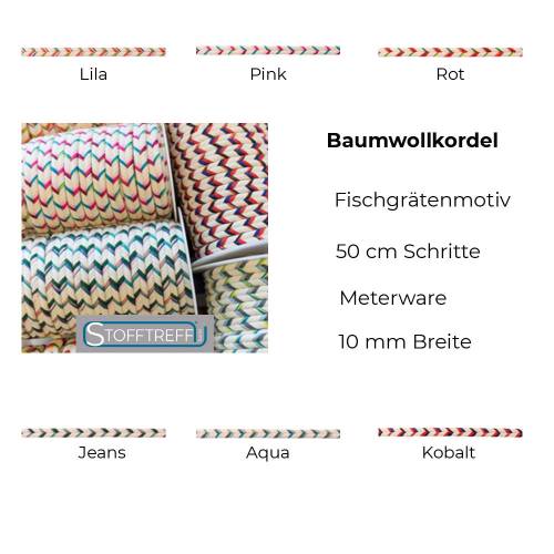 Baumwollkordel-100 % Baumwolle-50 cm-Meterware-10 mm Breite-Fischgrätenmotiv